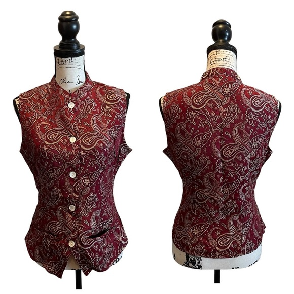 Passports by Pier 1 Imports Tapestry Paisley Vest Red Size Medium Burgundy Boho - Picture 9 of 9